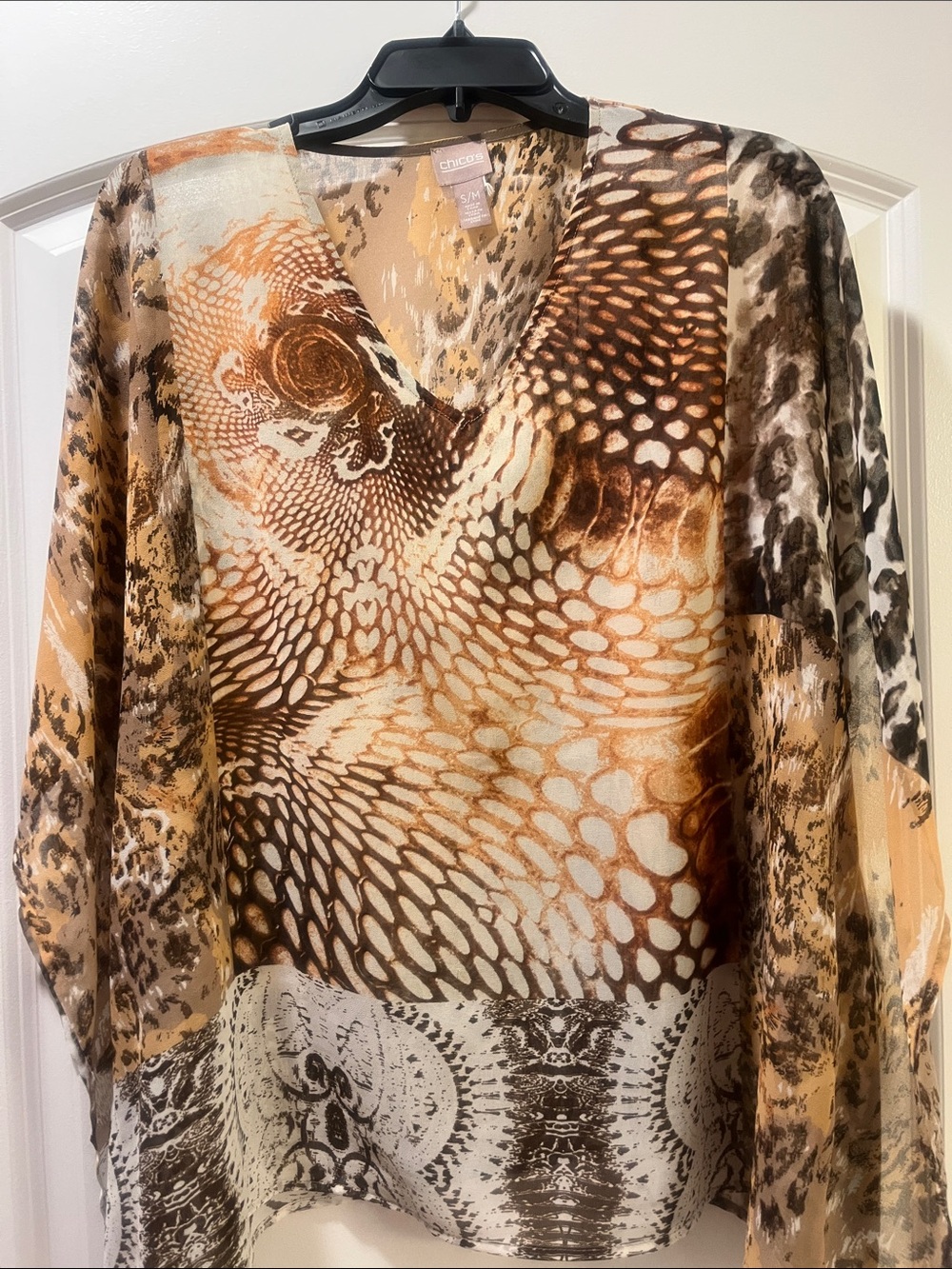 Chico's Brown and Cream V-Neck Sheer Animal-Print Tunic